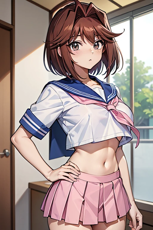 anzu_mazaki from yugioh, (japanese_sailor_school_uniform | white_uniform | white_shirt | blue_collar | pink_cloth | underboob), (brown_hair), midriff, school yard, beautiful, school, female, high resolution, beautiful, 8k