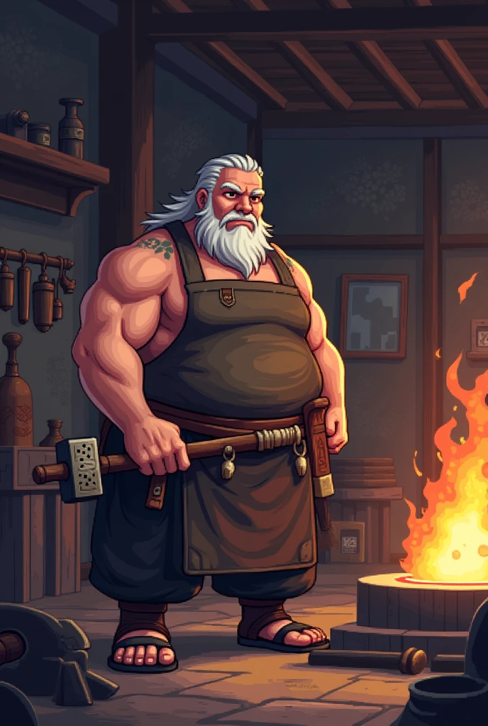 A dwarf, blacksmith, with the body carved large muscles, in his workshop with a protective glasses of yellow lenses, a large gray hammer in his hand, shirtless, at the time he works, many details, white beard,