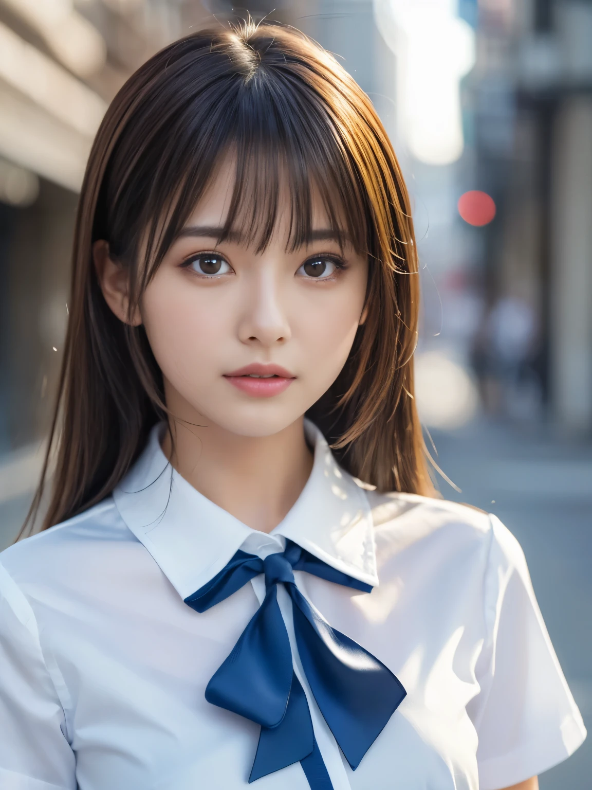 masterpiece, best quality, ultra-detailed, intricately detailed hyperdetailed, realistic, sharp features, highly detailed, sharp focus, Realistic, Photorealistic:1.3, perfect face, perfect symmetrically eyes, perfect full lips, hyper detailed, hyper realistic, high resolution, Japanese idol, Cute and sexy, fascinate, Beautiful Face, ((school uniform, white collared short sleeve shirt, blue ribbon)), light brown hair, Beautiful hairstyle, (sexy face:1.2), (looking at viewer), portrait, cinematic lighting, blurred background,