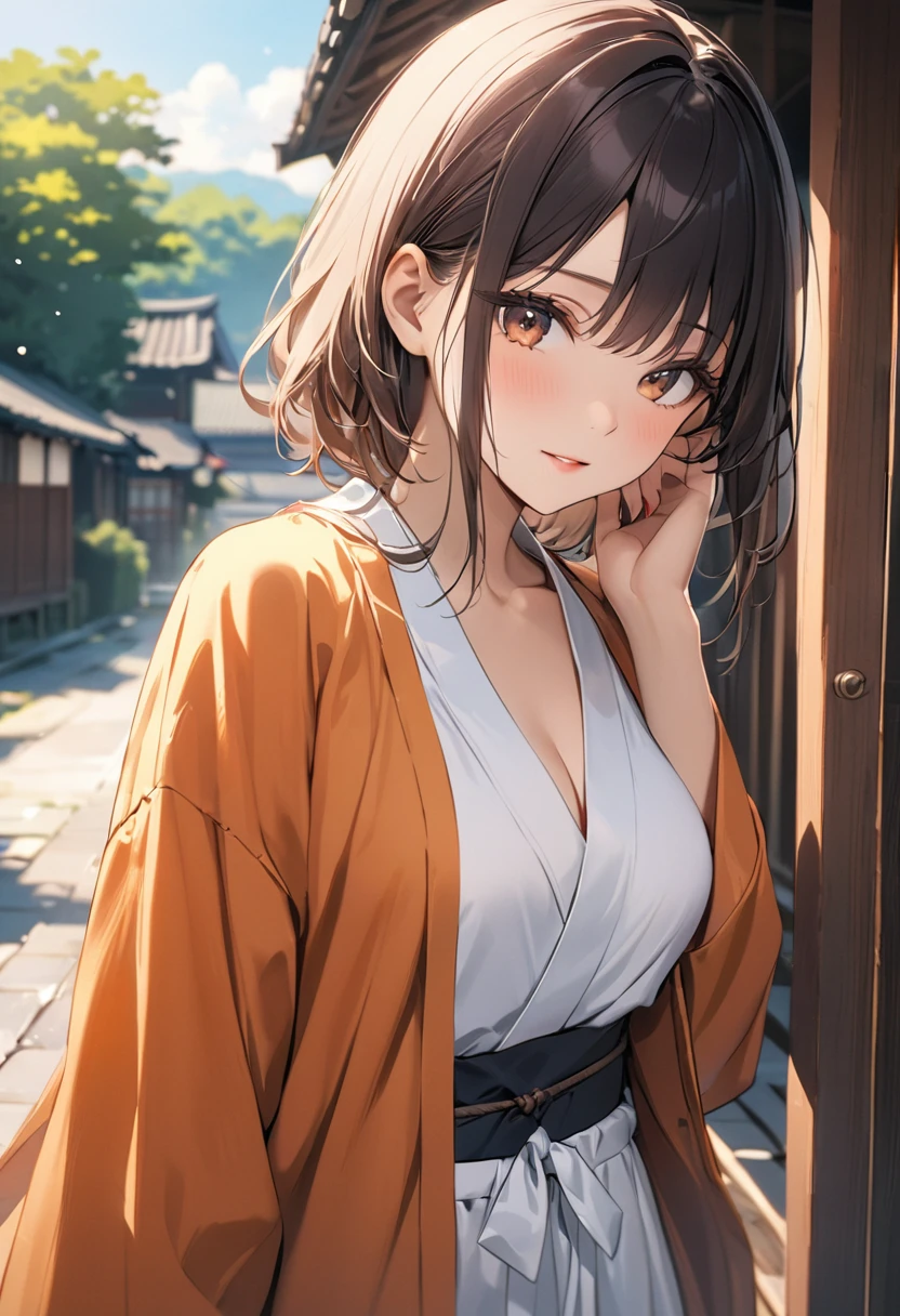 Short bangs, Masterpiece, Best quality, A high resolution, 1girll, Japanese,view the viewer,(Smile:0.6),Erotic panties,Lace bra,Open shirt,Fenced building roofs,Wind,
