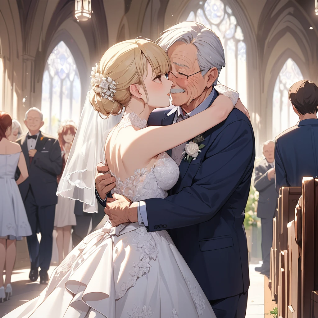 ((Best Quality)), ((masterpiece)), (detailed), （Perfect Face）、The woman is Seras Ashlain, a blonde elf wearing a gorgeous wedding dress and wedding veil.、The woman and the elderly man are walking down the aisle together in a hug and getting married