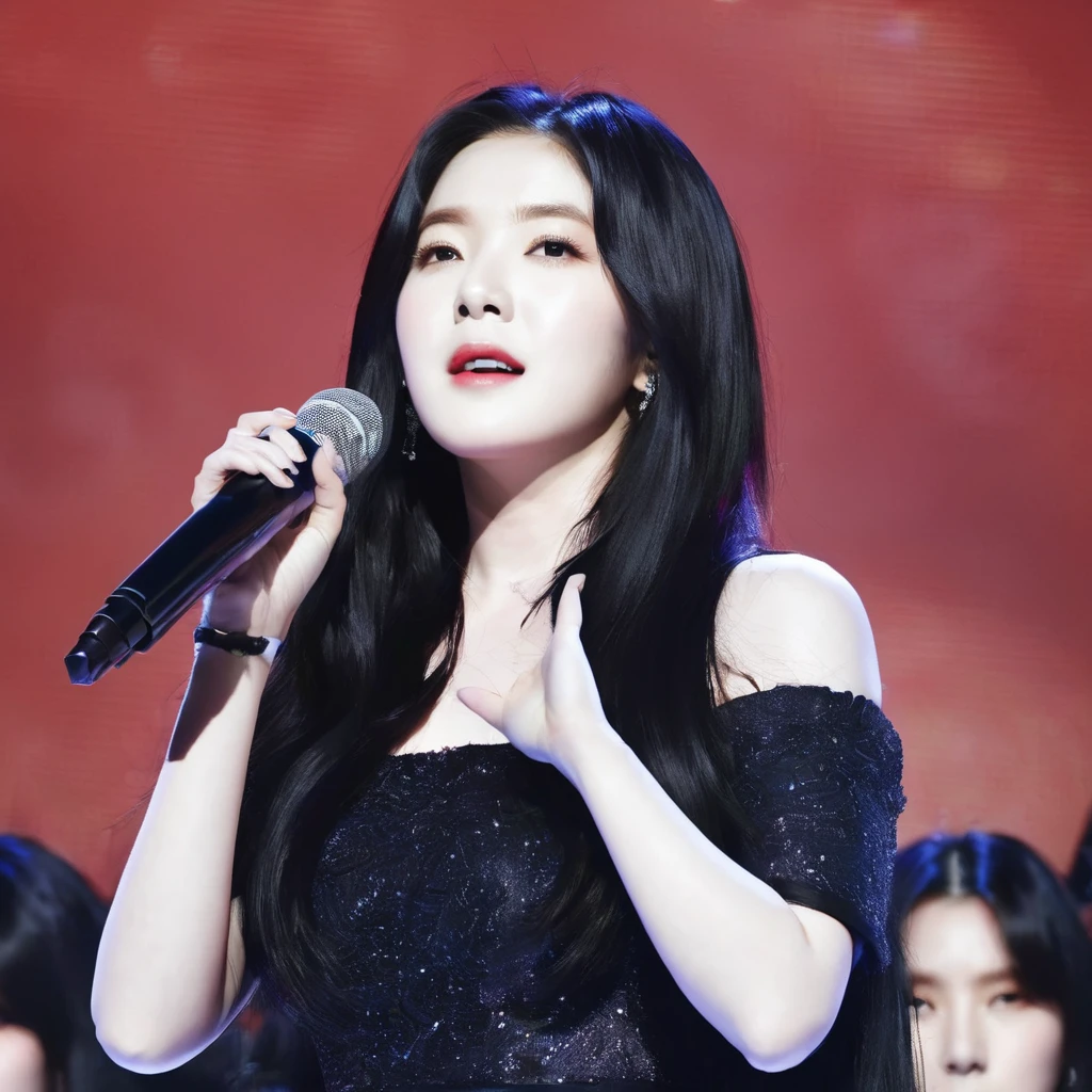 a photo of irene, Ohwx Woman, on stage singing, Black hair, The best quality, Beautiful face 