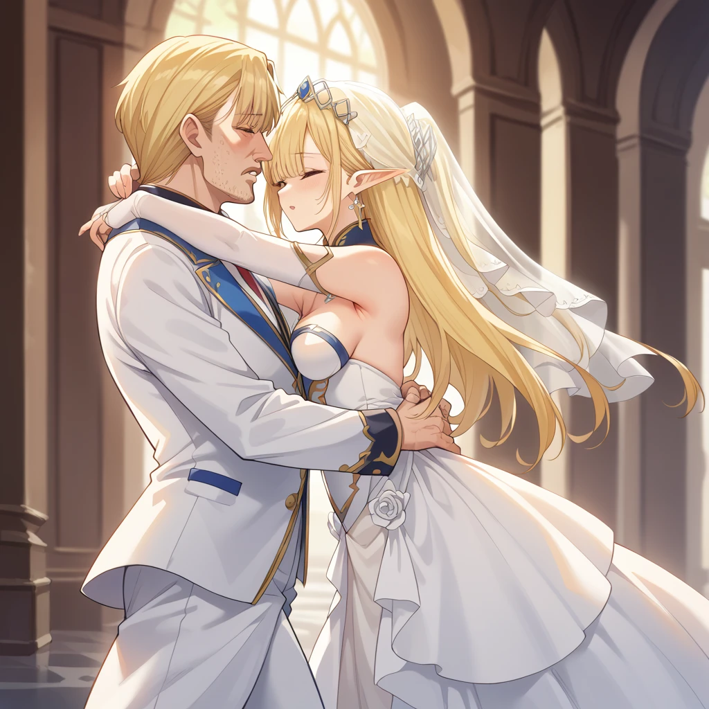 ((Best Quality)), ((masterpiece)), (detailed), （Perfect Face）、The woman is Seras Ashlain, a blonde elf wearing a gorgeous wedding dress and wedding veil.、The woman and the elderly man are walking down the aisle together in a hug and getting married