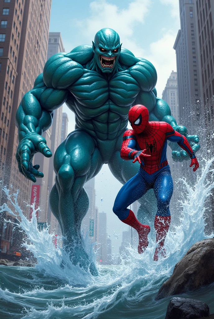 Prehistoric giant alligator fighting spider-man