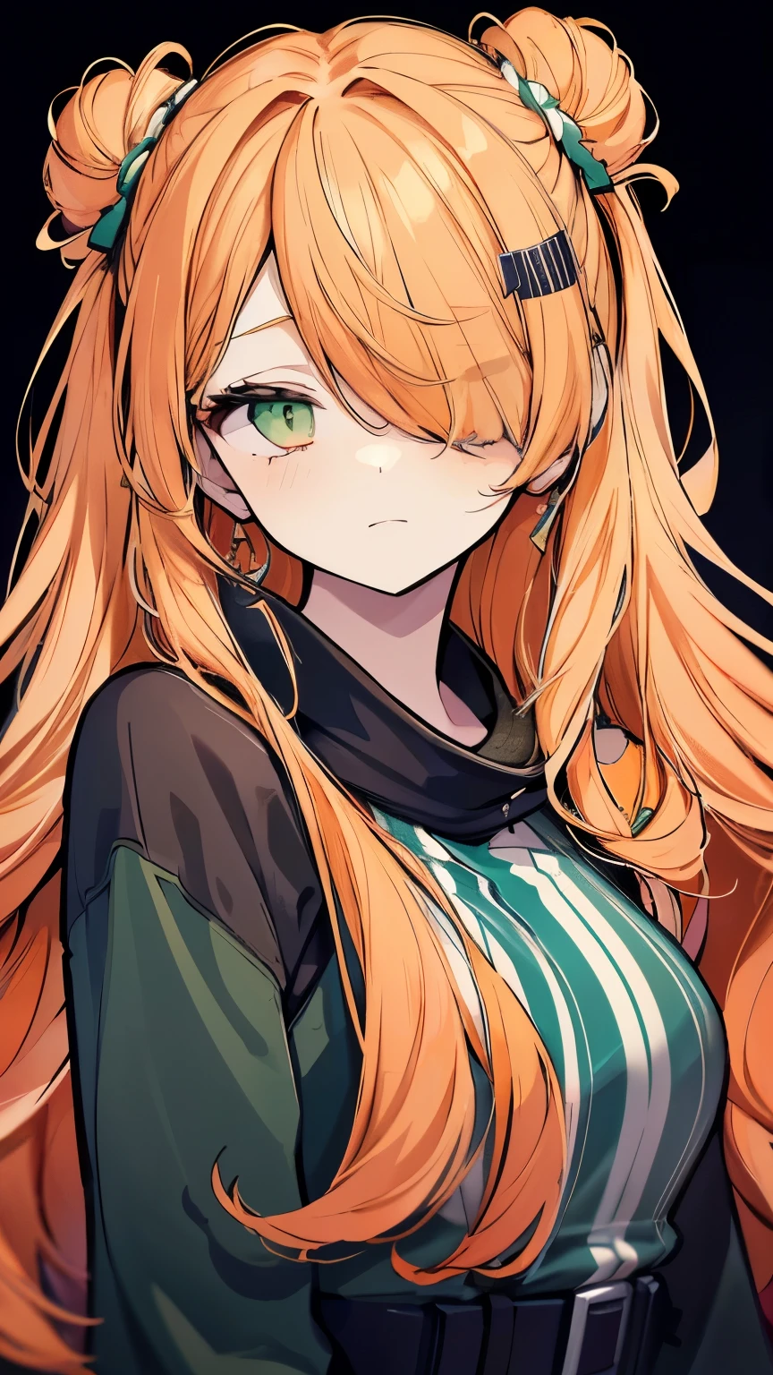 High resolution, Best Quality, masterpiece, Ultra-precision,Character Portrait,One girl, solo,adult,Look at, Beautiful Face,(Dark orange hair),(Very long hair), ((Hair covering one eye)), Diagonal bangs, Parted bangs,Hair in the eyes,Double bun hairstyle, (Dark green eyes),Droopy eyes,Slender figure,Concept Art, 