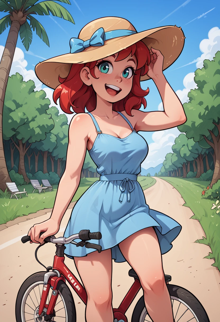 score_9, score_8_up, score_7_up, score_6_up, score_5_up, score_4_up, skindentation, zPDXL2, (1girl, red hair, medium breasts), smiling, mouth open, excited, riding bicycle, wearing a sun dress, sun hat, looking at viewer, front view, outside, idyllic background, bright sunny