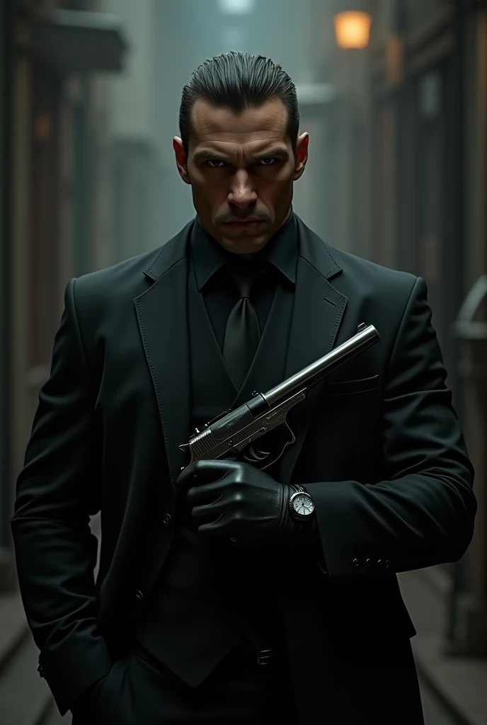 A stunning cinematic portrait of a male protagonist in a captivating fashion-inspired gore setting. The character has a machine gun in his hands with a penetrating look from his emerald green eyes.. Her striking dark brown hair shines with her all-black Armani suit. The traces of blood on the floor and the cold look in his eyes show how dangerous he is.. The dull background is enhanced by all the danger that emanates in the.