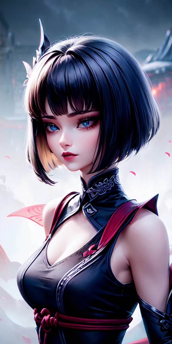 a 20 yo woman, short bob hairstyle, black hair, (short hair, bangs), dark theme, soothing tones, muted colors, high contrast, (natural skin texture, hyperrealism, soft light, sharp), blue_eyes, chinese dress, bare_shoulders, sagging breast, big_boobies, detached_sleeves, (,makeup, eyeliner, eye_shadow, glowlips, ),