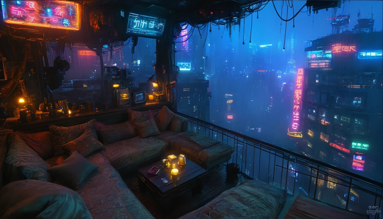  city view, like the Blade Runner scene, has a sofa and table,  cyberpunk settings ,  cyberpunk atmosphere, Cyberpunk dream world, Blade Runner vibes, the Cyberpunk Apartment , The room with a ,  Dirty Cyberpunk City , Dystopian City Apartment ,  cyberpunk lights ,  Cyberpunk Aesthetics ,  Blade Runner Apartment , Cyberpunk Apartment , neon rainy  cyberpunk settings ,  cyberpunk atmosphere