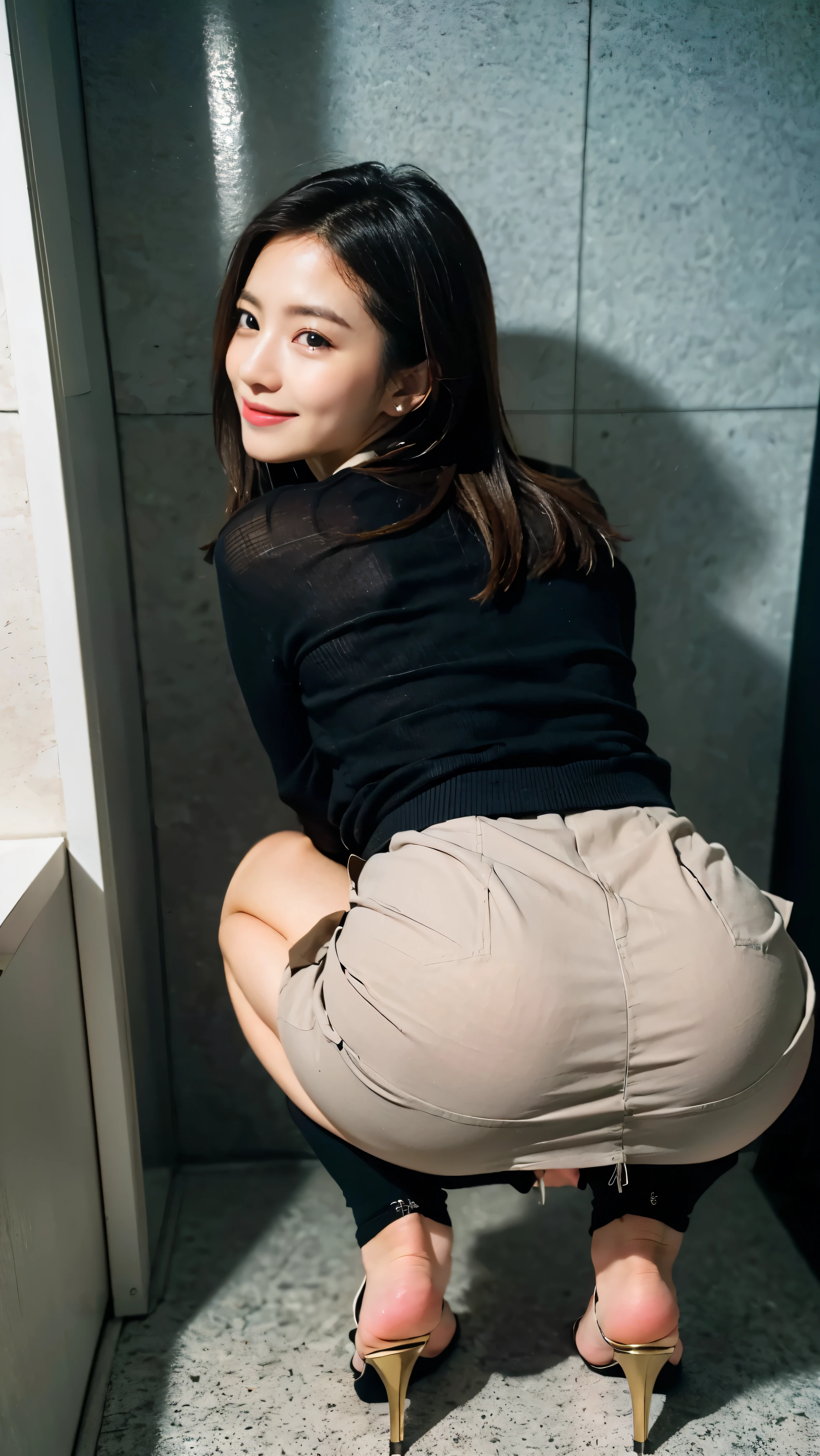 (masterpiece:1.3), (8k, Realistic, RAW Photos, Best Quality: 1.4), Cute Japanese Woman:1.5, Smile、mini skirt:1.5、OL:1.5、Toilet cubicle:1.5、Medium Hair:1.5、((I can see her pussy through her skirt:1.5))、((Angle from behind:1.5))、Squatting to pee:1.5、