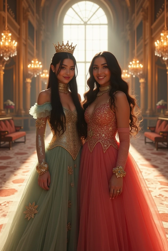(masterpiece, best quality:1.5), highest quality, High resolution, super detailed, Realists, Upper body photo of a dark-skinned sorceress, black skin, detailed and beautiful eyes, beautiful detailed lips, very detailed eyes and face, longeyelashes, shiny satin dress, Holding a magic wand in your hand and performing a transformation spell, Magic wands present and shining, Beautiful and colorful makeup, elegant and noble々The jewelry bag, Gardens as background, soft daylight, bright colors, fine brushstrokes, Portrait style, Silk dress fabric, beautiful color palette, glowing skin, First-class rendering, that captures every detail, enchanting atmosphere, subtle shadows and lights, (perfect anatomy:1.2), (The two stunning sorceresses transform cats into princesses (a transformation with a magic wand:1.4), (magnificent panorama view:1.2)