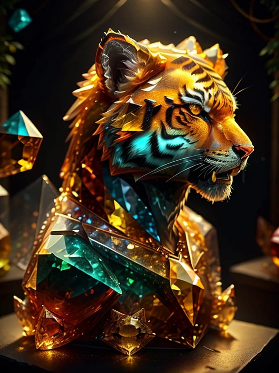 (((best quality))), tiger, feral tiger, colored crystal tiger statue, crystal polygons, glass effect, broken glass effect, ((low polygonal tiger representation)), glowing heart of statue, (((faithful to fur patterns))), fullbody, black background, specular light, theater light, photography, professional photography, highres, ultra-detailed