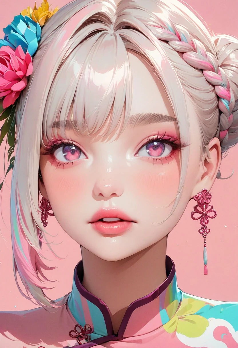 (masterpiece, Best Quality:1.4), 1 girl, Alone, Anime Style, Colorful Students, Blurred vision, Pink lower lip, Pastel colors, Silver one bun hairstyle, Long bangs on one side, Braids, Color Highlights, Chinese dress, flower, Portraiture, Pink eyes, Cute Face. Lips in Love, Stylish design, Pure pink background.