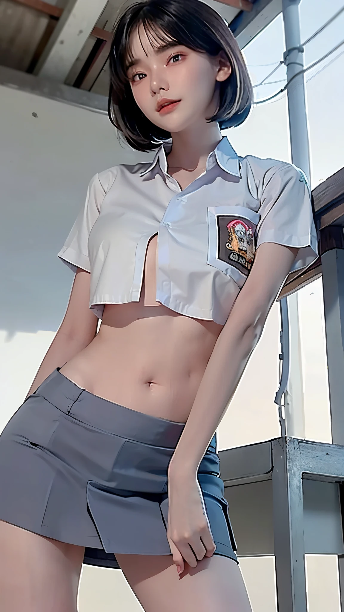 (solo:1.2), (a detailed full-body RAW photo of a girl), (masutepiece:1.0), (Best Quality:1.4), (超A high resolution:1.2), (Photorealistic:1.4), 8K resolution, Canon EOS R5, 50mm, absurderes, ultra-detailliert, (25 year old), Sharp Focus, Cinematic lighting, Detailed beautiful face, (no-makeup:1.2), (ulzzang -6500-v1.1), figure, Detailed skin texture, flat chest, (skinny and fit body:1.6), Detailed brown hair, sweltering,(Very short hair:1.5), (Very thin fit and short white nike polo shirts:1.5), (very short skyblue tight mini skirts:1.5), (up skirts:1.4), realistic glistening skin, detailed texture, (Japan athletes:1.5), (flat chest:1.5), (no bra:1.5), (Erect nipples:1.5), (wet wear:1.5), (Stick out buttocks and look back:1.5), (Skin color that can be seen through panties:1.5), (hip fourcus:1.5), (suntan:1.5), (small chest:1.5), (Skin color that can be seen through polo shirts:1.5), (nsfw:1.5), ((lift skirts:1.5)), (going up the stairs and look back:1.5), (back shot:1.5), (from below:1.5), (hip fourcus:1.5), (see-through:1.5), (panty shot:1.5), (halfway up the stairs:1.5), (full body)