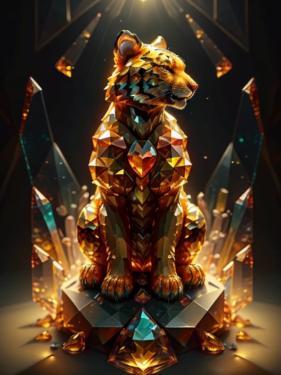 (((best quality))), tiger, feral tiger, colored crystal tiger statue, crystal polygons, glass effect, broken glass effect, ((low polygonal tiger representation)), glowing heart of statue, (((faithful to fur patterns))), fullbody, black background, specular light, theater light, photography, professional photography, highres, ultra-detailed, (any fur replaced by crystals of glass)