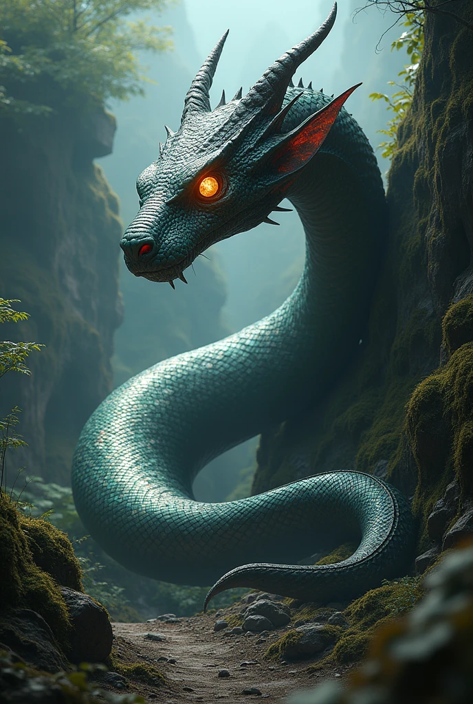 One big snake coming to the river ,that big snake having crown on his head ,that big snake looks scare and coming to ther river 