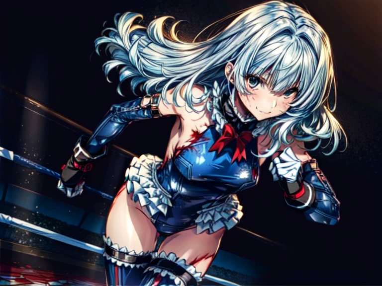 4K,Perfect Anatomy, highest quality, Marie Rose,Wicked Smile,Provocative attitude
,,Wicked Smile,Anime Style,(Frilled swimsuit, Knee socks, Removed sleeve), (Anime Style:1.4) ,
Silver Hair,(White fingers:1.1,Black gloves),Very long hair,
Hollow Eyes,whole body