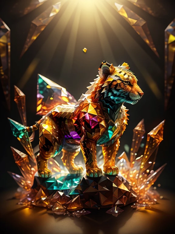 (((best quality))), tiger, feral tiger, colored crystal tiger statue, crystal polygons, glass effect, broken glass effect, ((low polygonal tiger representation)), glowing heart of statue, (((faithful to fur patterns))), fullbody, black background, specular light, theater light, photography, professional photography, highres, ultra-detailed, (any fur replaced by crystals of glass)