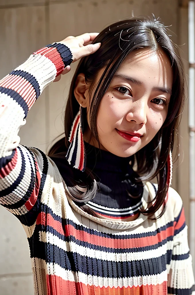 of the highest quality, 1 beautiful woman, age 28, S, 35mm lens, F/1, Cowboy Shot, Concrete background、Tile background、Straight hair、Sweat,red and black (stripe:1.8) (knitwear:1.4) 、light chestnut hair、Very long hair, very tight clothes, turtleneck, smiling, happy