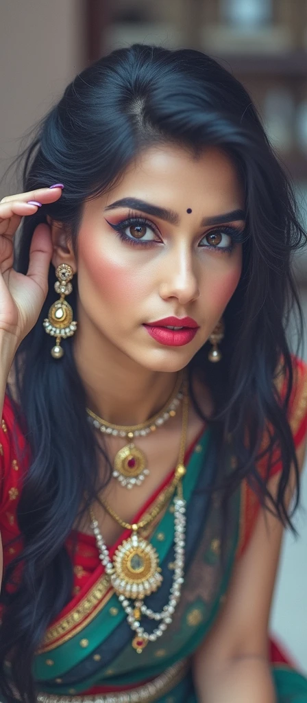 perfect pink eyes, fantastic face, Indian, beautiful look, ((red lips, bright eyes, curve heir 1.5)), ((beautiful details very big breast )), (Straight round and ultra huge clevage, not sagging breast), A glorious gorgeous, glorious gorgeous face, pretty face, bright eyes, detailed elegant printed red saree, updo elegant hair, blurred gray tones background, ultra focus, face ilumined, face detailed, 8k resolution, painted, dry brush, brush strokes, razumov style and garmash style, by Tokaito, 8k portrait of beautiful cyborg with brown hair, intricate, elegant, highly detailed, majestic, digital photography, art by artgerm and ruan jia and greg rutkowski surreal painting gold butterfly filigree, broken glass, (masterpiece, sidelighting, finely detailed beautiful eyes: 1.2), hdr, naked nude full body aroused armpit