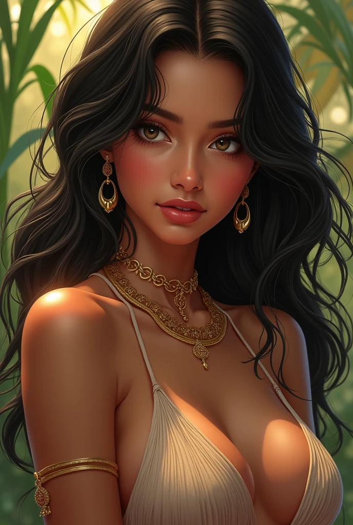 Naked woman alone in gold jewelry, ((She's in the jungle)), Pretty gold metal, She flying, Flying Hoverbord, Highly Detailed Face and Skin Texture, Big green eyes, juicy lips, Bimbo Lips, (((dark skin))), (Rihanna), very black skin, dark complexion, detailed eyes, Curly afro black hair, Gold metal cyberpunk ribbons, metal necklace, Futuristic Gold Metal ((Vaginal Piercing)), Gold jewelry on wet body. she is naked, full body, naked, white skin, She is in the futuristic cyberpunk flying disc drone in the jungle. Piercing in the nose. topless. bottomless, uncovered, undressed, unclothed