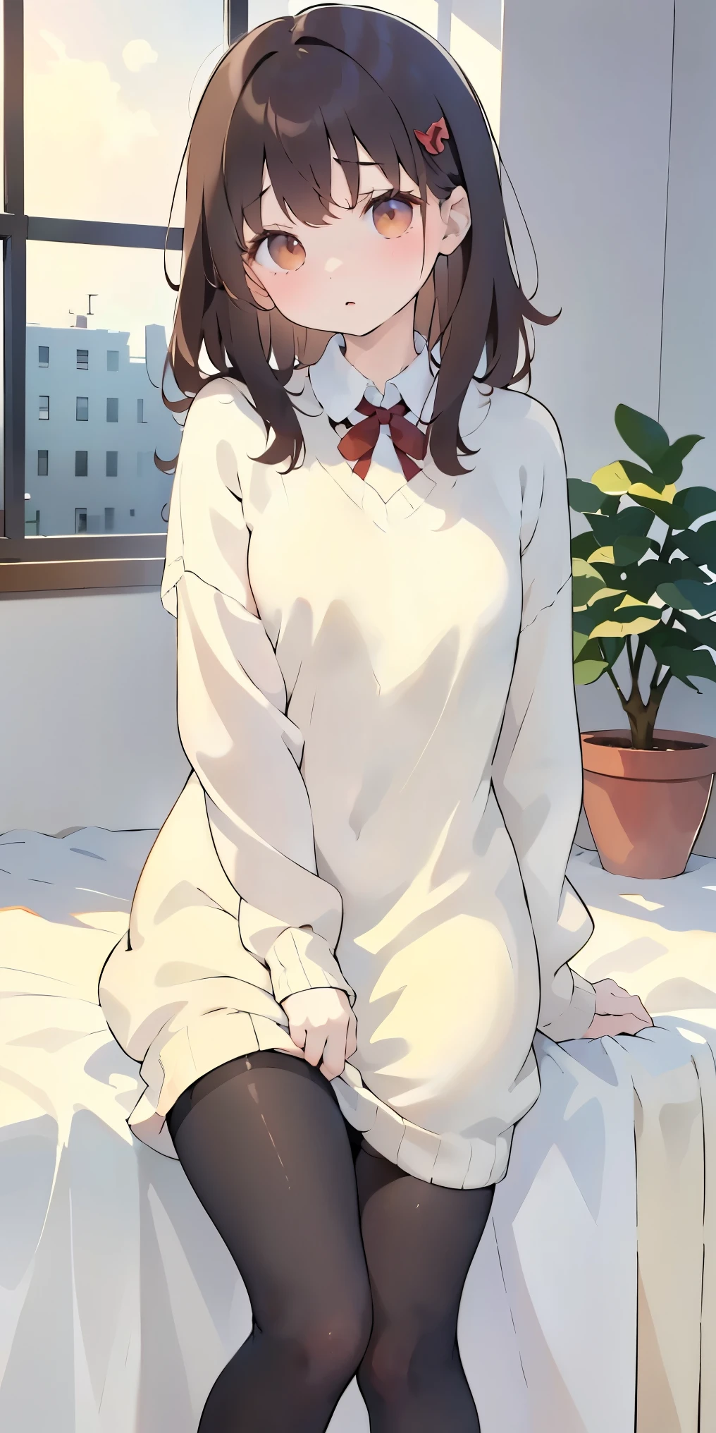 One woman standing, /(Oversized sweater/) V-neck, Immature woman, Big red ribbon hair ornament,/(Brown Hair/) bangs, Red cheeks, (Top quality masterpiece:1.2) Delicate illustrations, Very detailed, Pantyhose tearing /(Modern house living room/) indoor, (((Sexy pose))), (((small))), (((gap)))