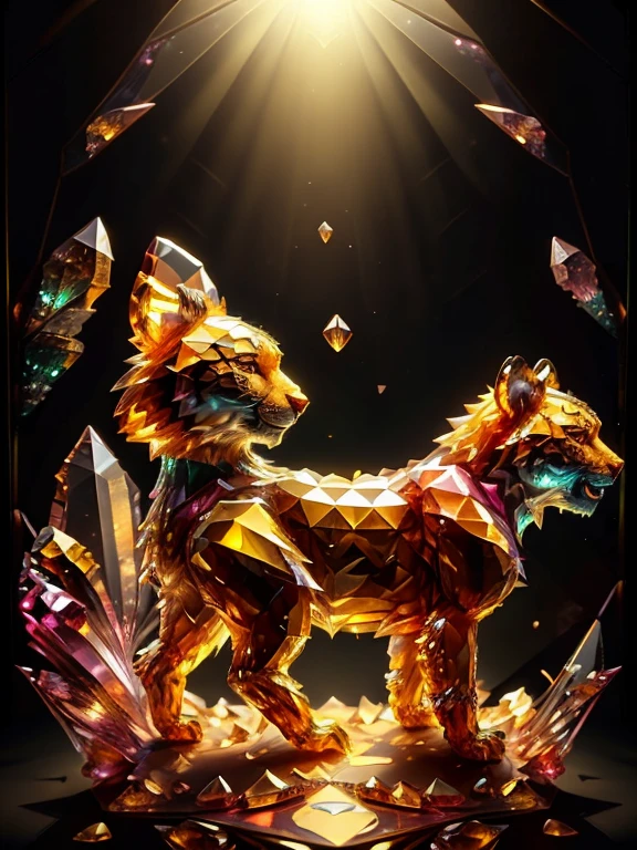 (((best quality))), tiger, feral tiger, colored crystal tiger statue, crystal polygons, glass effect, broken glass effect, ((low polygonal tiger representation)), glowing heart of statue, (((faithful to fur patterns))), fullbody, ((black background)), (specular light:0.2), theater light, photography, professional photography, highres, ultra-detailed, (((any fur replaced by crystals of glass)))