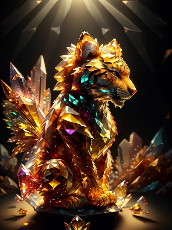 (((best quality))), tiger, feral tiger, colored crystal tiger statue, crystal polygons, glass effect, broken glass effect, ((low polygonal tiger representation)), glowing heart of statue, (((faithful to fur patterns))), fullbody, ((black background)), (specular light:0.2), theater light, photography, professional photography, highres, ultra-detailed, (((any fur replaced by crystals of glass)))