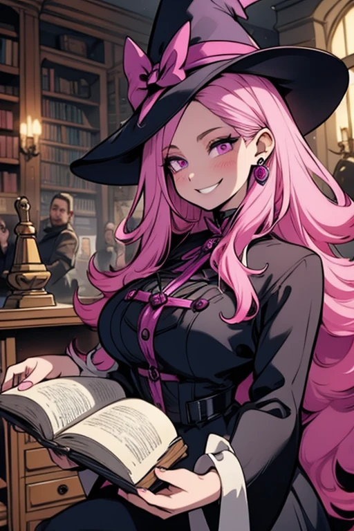 A pink haired female reaper with violet eyes and an hourglass figure in gothic ballgown is exploring an old library with a big smile
