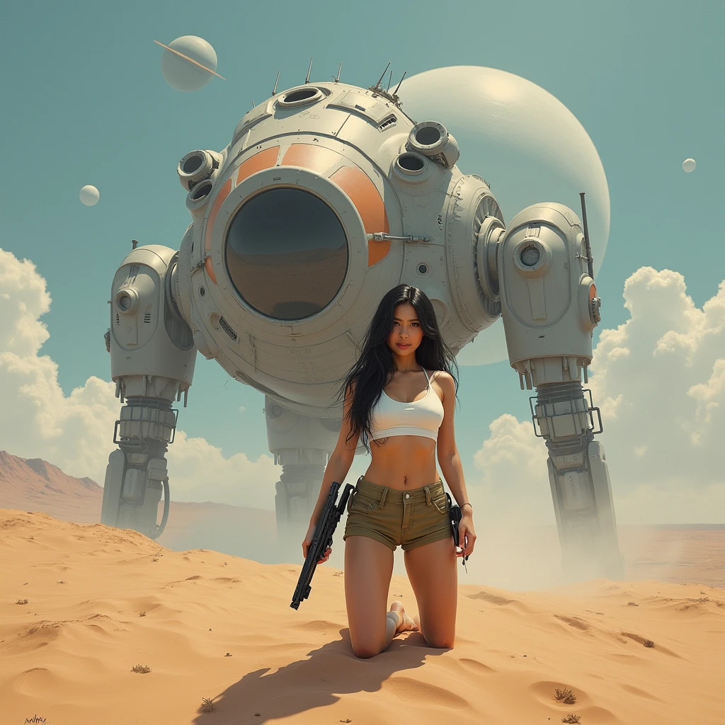 top down view photo of a gorgeous platinum blonde vixen in tattered shredded top, rounded top, shooting a Lazer pistol standing on a sandy rocky planet, hyperealistic , 8k, Nikon shot no flash, giant chrome robot monster in background, russ Meyer movie poster style