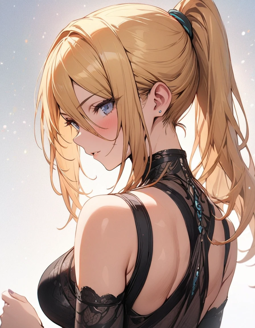 She has elegant blonde ponytails and striking blue cat eyes. Her attire exudes power and sophistication in a stylish pantsuit. She embodies the essence of a confident demon, radiating CEO-like confidence. Completing her enchanting aura, a pair of exquisite butterfly wings gracefully adorns her back.
