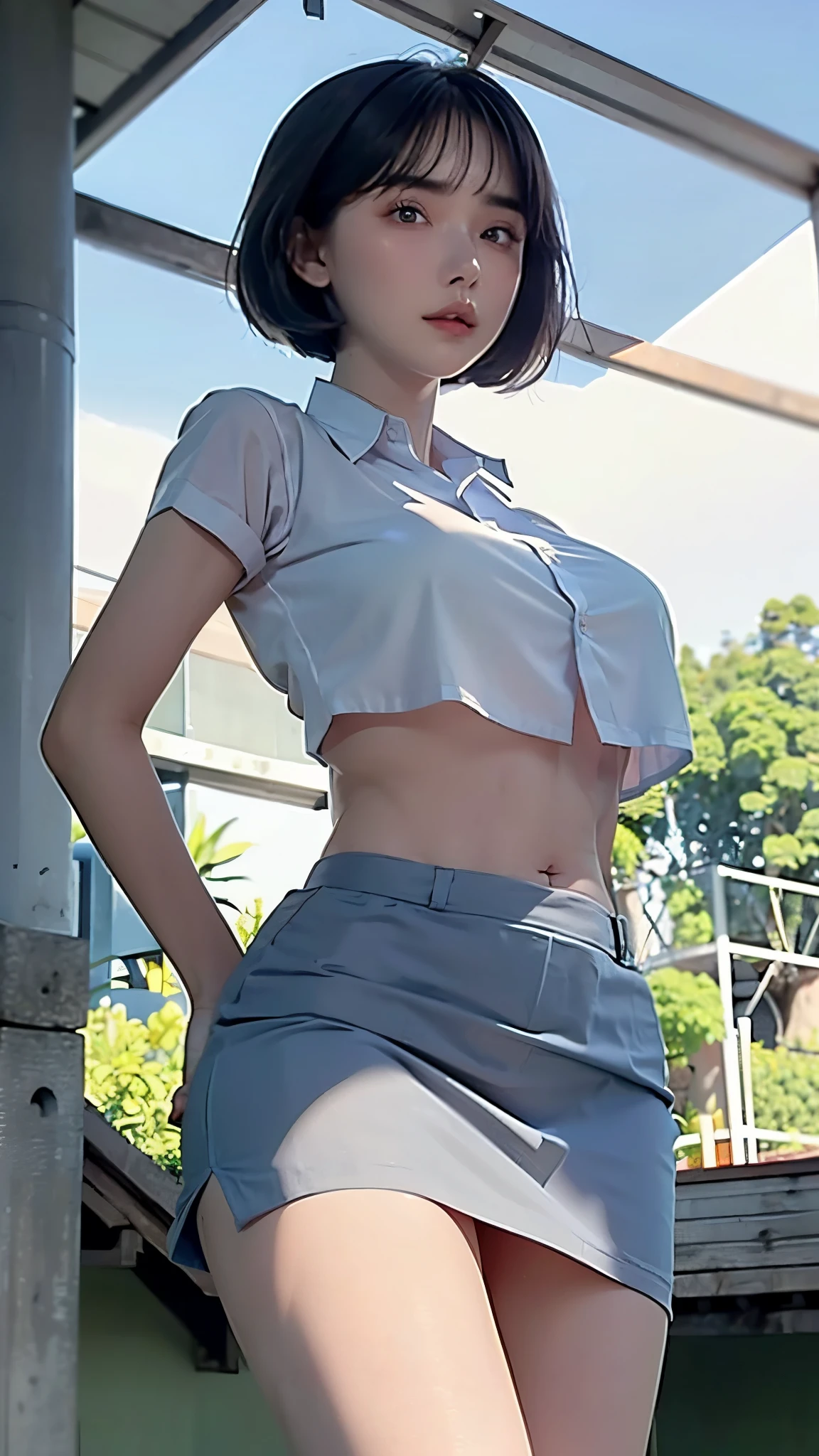 group of female with medium breasts show underboob (((wearing oversize vurious high cropwhite short sleeve button down shirt and grey skirt)) (((close up photo))) ,, detailed skin, ((asia white skin color)),detailed skin, Slim Waist, (((4K resolution))),((wearing a)) (((shorthair  BLACK hairstyle))) ((white skin)) ((extremely detailed face)) ((extremely detailed eyes)) ((walking pose))) ((outdoor background at beach club with sunbed etc)) (((looked on camera))) look camera (()) ((sixpack woman)) ((model posture)), face, extremely detailed full body color photo of a 22 y.o girl, beautiful face, beautiful eyes, (()), (((perfect body proportional))), slim body, ((skin details, high texture)), ()), hand fix, finger fix, nails fix, realistic hand wrinkles, realistic eyes, octane render, simetris eyes
