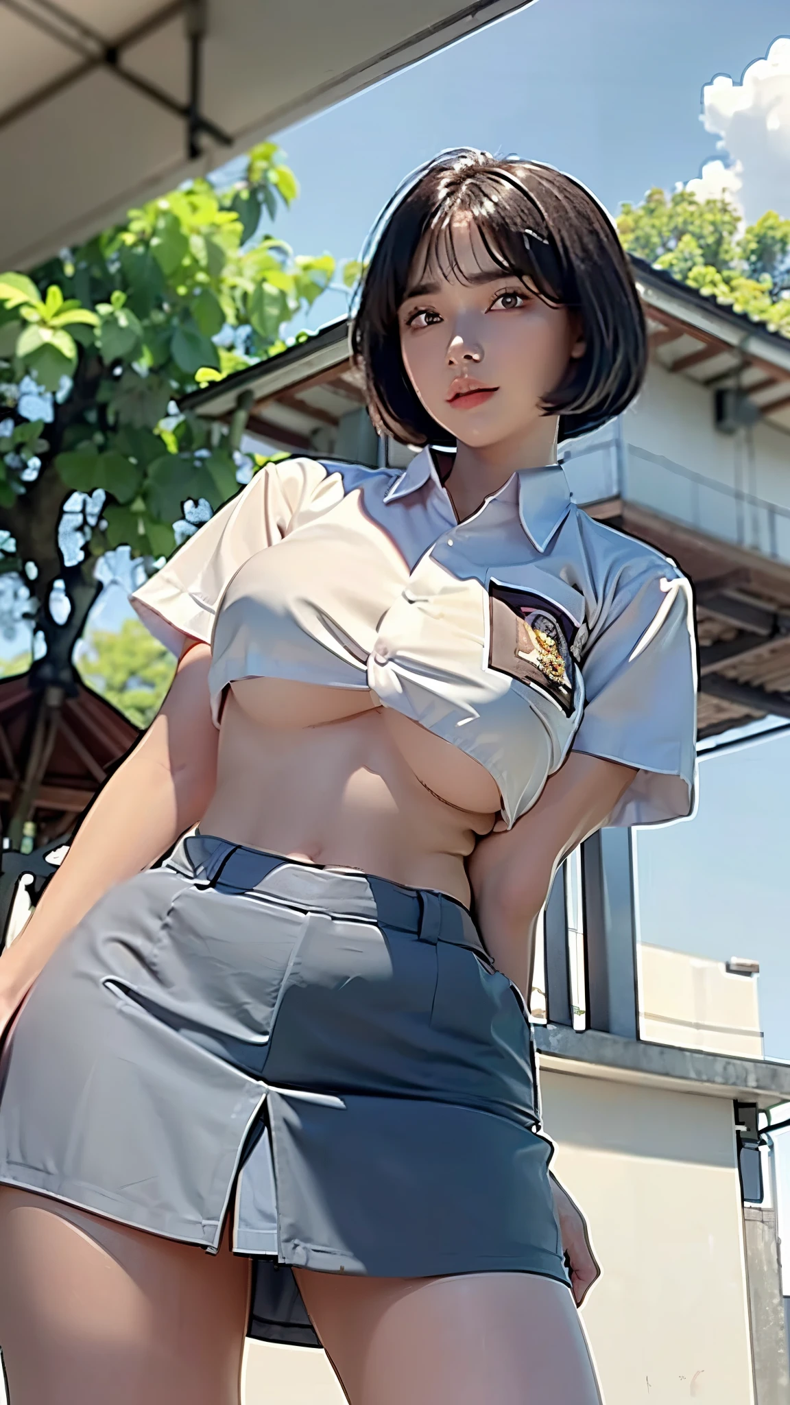 group of female with medium breasts show underboob (((wearing oversize vurious high cropwhite short sleeve button down shirt and grey skirt)) (((close up photo))) ,, detailed skin, ((asia white skin color)),detailed skin, Slim Waist, (((4K resolution))),((wearing a)) (((shorthair  BLACK hairstyle))) ((white skin)) ((extremely detailed face)) ((extremely detailed eyes)) ((walking pose))) ((outdoor background at beach club with sunbed etc)) (((looked on camera))) look camera (()) ((sixpack woman)) ((model posture)), face, extremely detailed full body color photo of a 22 y.o girl, beautiful face, beautiful eyes, (()), (((perfect body proportional))), slim body, ((skin details, high texture)), ()), hand fix, finger fix, nails fix, realistic hand wrinkles, realistic eyes, octane render, simetris eyes
