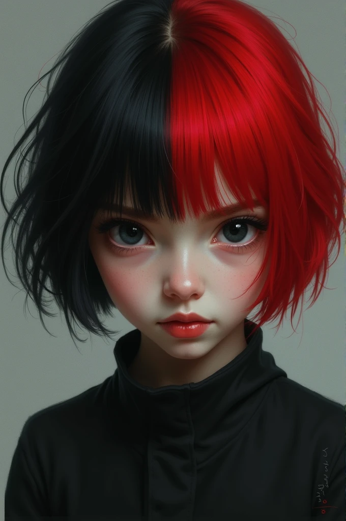 Girl with hair in three different shades. (blackw, white and red)