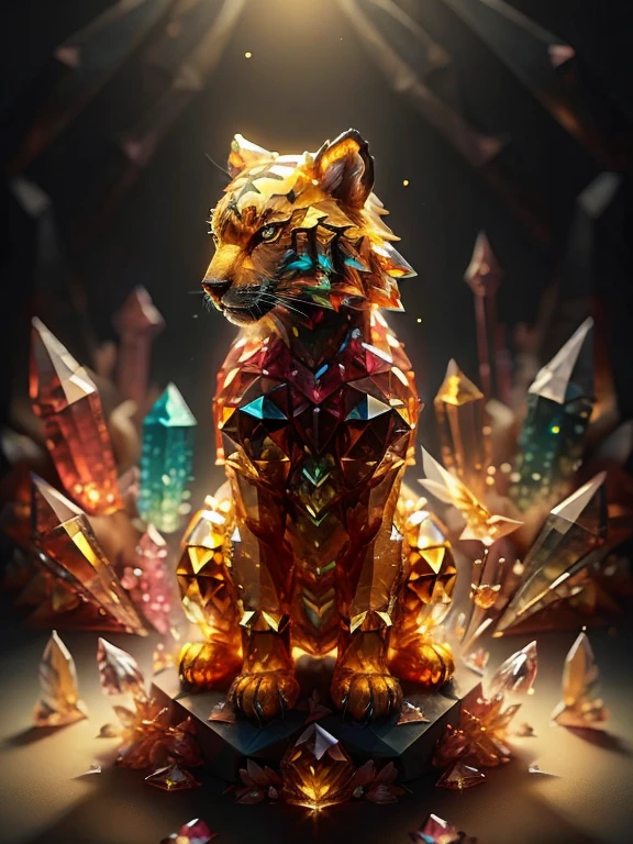 (((best quality))), tiger, feral tiger, colored crystal tiger statue, crystal polygons, glass effect, broken glass effect, ((low polygonal tiger representation)), glowing statue, (((faithful to fur patterns))), fullbody, ((black background)), (low intensity pink specular light), theater light, photography, professional photography, highres, ultra-detailed, (((any fur replaced by crystals of glass)))