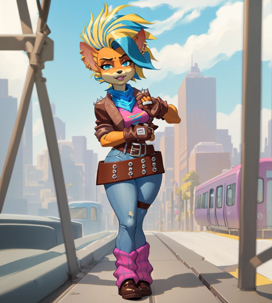 female furry anthro piratetawna,(best quality, masterpiece:1),blue eyes,small nose,medium breasts,fully clothed,spiked jacket,pink shirt,jeans,loose belt,blue scarf,fingerless gloves,leg strap,leg warmers,standing,(subway train background:1.1),crossed legs,detailed face,shoe, poking a another person on the subway