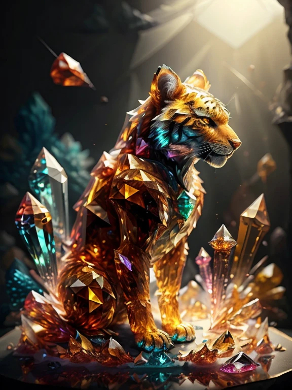 (((best quality))), tiger, feral tiger, colored crystal tiger statue, crystal polygons, glass effect, broken glass effect, ((low polygonal tiger representation)), glowing statue, crystalized head, glowing eyes, (((faithful to fur patterns))), fullbody, ((black background)), (low intensity specular light, blue light), photography, professional photography, highres, ultra-detailed, (((any fur replaced by crystals of glass)))