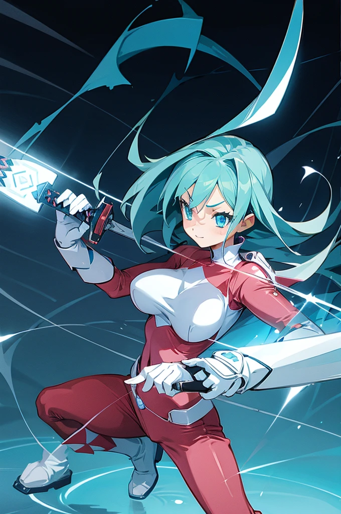 a figure from the robot anime girl power rangers game shows holding a giant sword with her hand, 1girl, weapon, sword, breasts, blue eyes, solo, large breasts