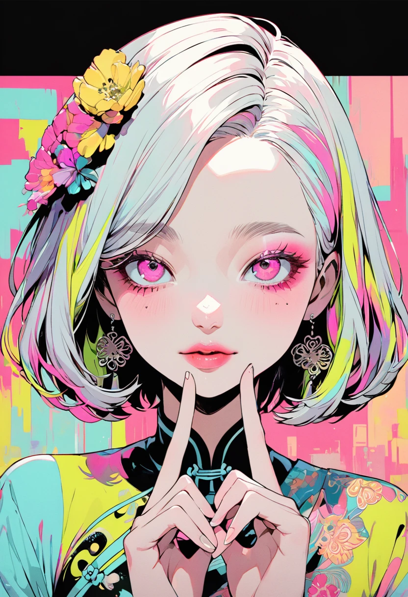 (Best Quality:1.4, City Pop Style, Very detailed, Latest, Vibrant, High contrast, ), Gal, One Girl, Alone, Change to 5 fingers, (Draw the number of fingers exactly), ((Front close-up shot:1.4)), Fluorescent hair, Braiding, Droopy eyes, Medium Bob Style, Pastel colors, Chinese dress, flower, Portraiture, Asymmetrical bangs, Pink eyes, Cute Face. Lips in Love, Stylish design, Pure Pink Background.