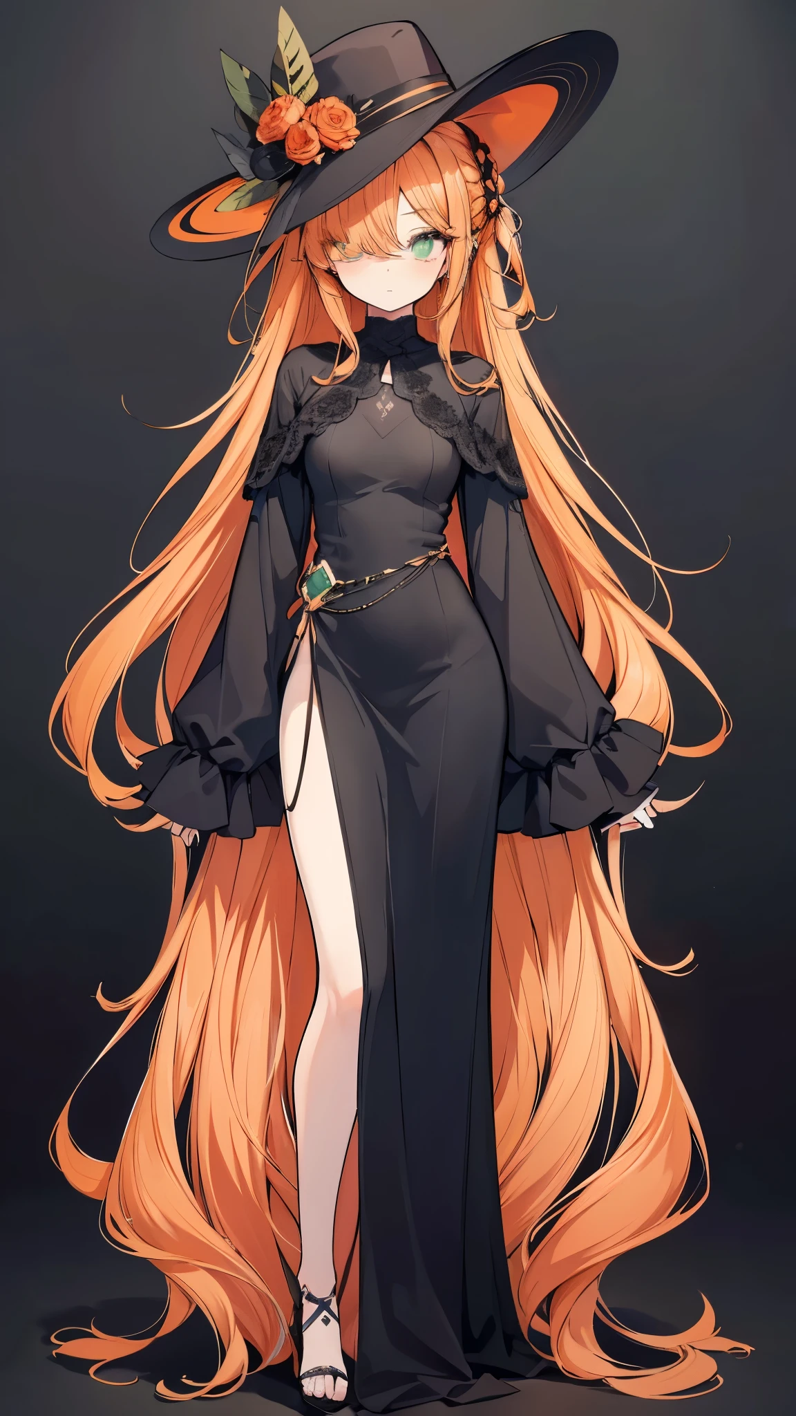 High resolution, Best Quality, masterpiece, Ultra-precision,Full body portrait,Character Portrait,Character portrait,One girl, solo,adult,Look at, Beautiful Face,(Dark orange hair),(Very long hair), ((Hair covering one eye)), Diagonal bangs, Parted bangs,Hair in the eyes,Double Chignon Hair, (Dark green eyes),Slanted Eyes,Detailed eyes,Slender figure,Concept Art,Black clothes,Long dress that covers the legs,(((Simple Background))),
