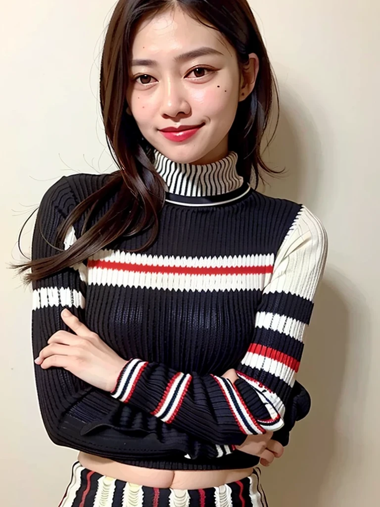 of the highest quality, 1 beautiful woman, age 28, S, 35mm lens, F/1, Cowboy Shot, Concrete background、Tile background、Straight hair、Sweat,red and black (stripe:1.8) (knitwear:1.4) 、light chestnut hair、Very long hair, very tight clothes, turtleneck, smiling, happy