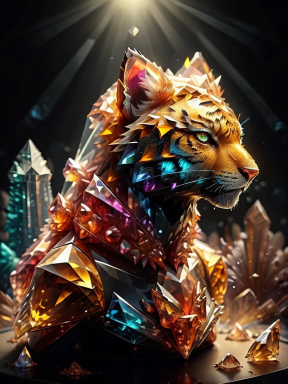 (((best quality))), tiger, feral tiger, colored crystal tiger statue, crystal polygons, glass effect, broken glass effect, ((low polygonal tiger representation)), glowing statue, (((crystalized head))), ((glowing eyes)), (((faithful to fur patterns))), fullbody, ((black background)), (low intensity specular light, blue light), photography, professional photography, highres, ultra-detailed, (((any fur replaced by crystals of glass)))