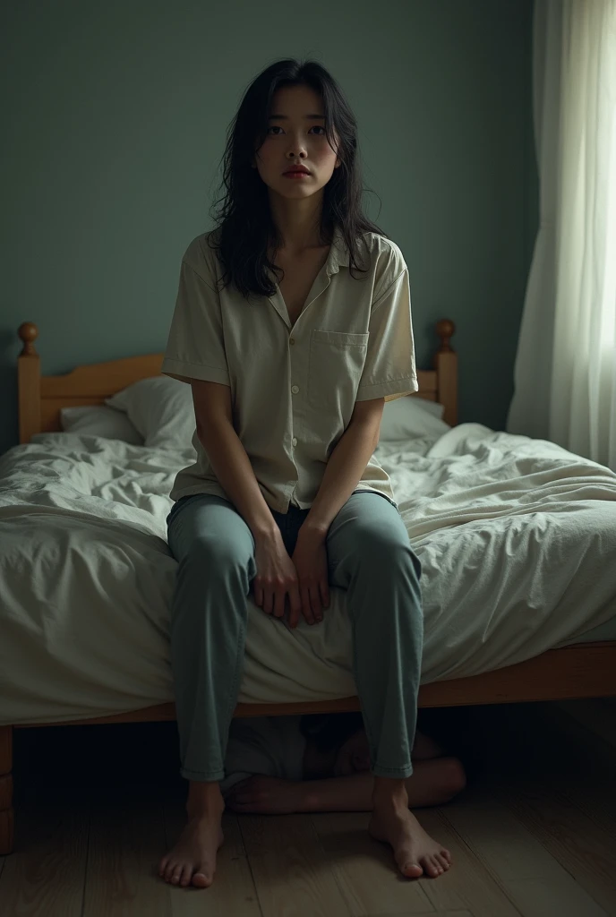 (1girl), solo, messy-long_hair, wearing(red-sexy-pyjamas), photo(medium-shot), sitting, (pov, blurry_background:1.5), background(black, bed, bedroom, windows), natural-lighting, (photorealistic, absurdres, best_quality:1.55),