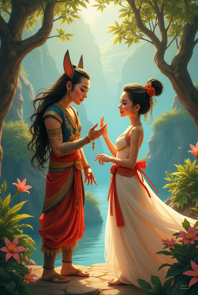 full lenght hiper Full body picture by the beautiful Kok River. A handsome young man, tall and well-proportioned, fair-skinned, with long black hair tied loosely, wearing a green and gold loincloth, light green, gold, silver, and gold, with a gold bracelet around his arm. He hands a jasmine flower to a beautiful, gentle young woman in a light purple Dusit Thai dress, wearing a white and purple sarong, long black hair, wearing a small crown, with pink and orange lotus flowers around it, glowing and shimmering light, seen in all directions, glowing and shimmering beautifully, with a white and gold naga, a beautiful mountain and waterfall scene, a 3D image, an oil painting, an art image by Ajarn Chalerm Chai.