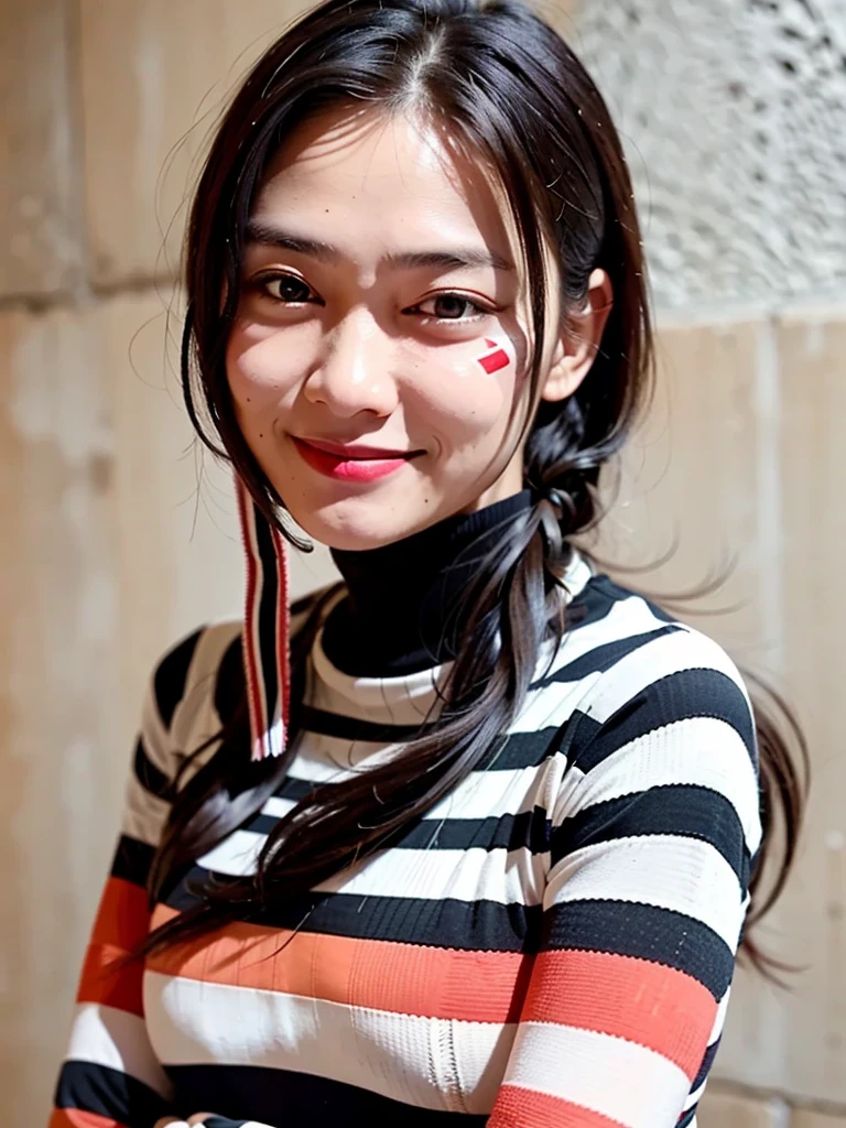 of the highest quality, 1 beautiful woman, age 28, S, 35mm lens, F/1, Cowboy Shot, Concrete background、Tile background、Straight hair、Sweat,red and black (stripe:1.8) knitwear) 、light chestnut hair、Very long hair, very tight clothes, turtleneck, smiling, happy