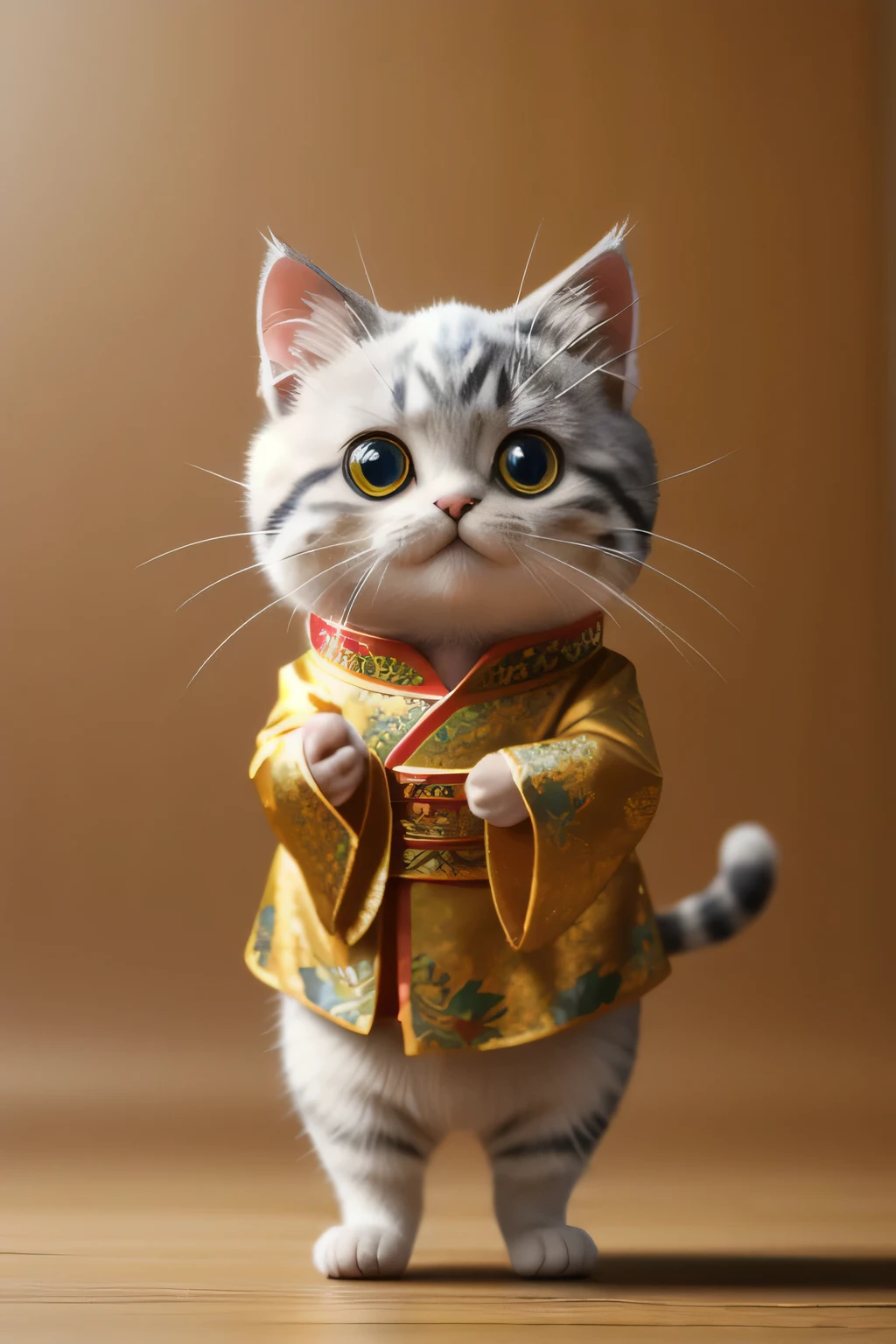 high quality、4K、Kitten in a Chinese dress costume、Standing、Smiling