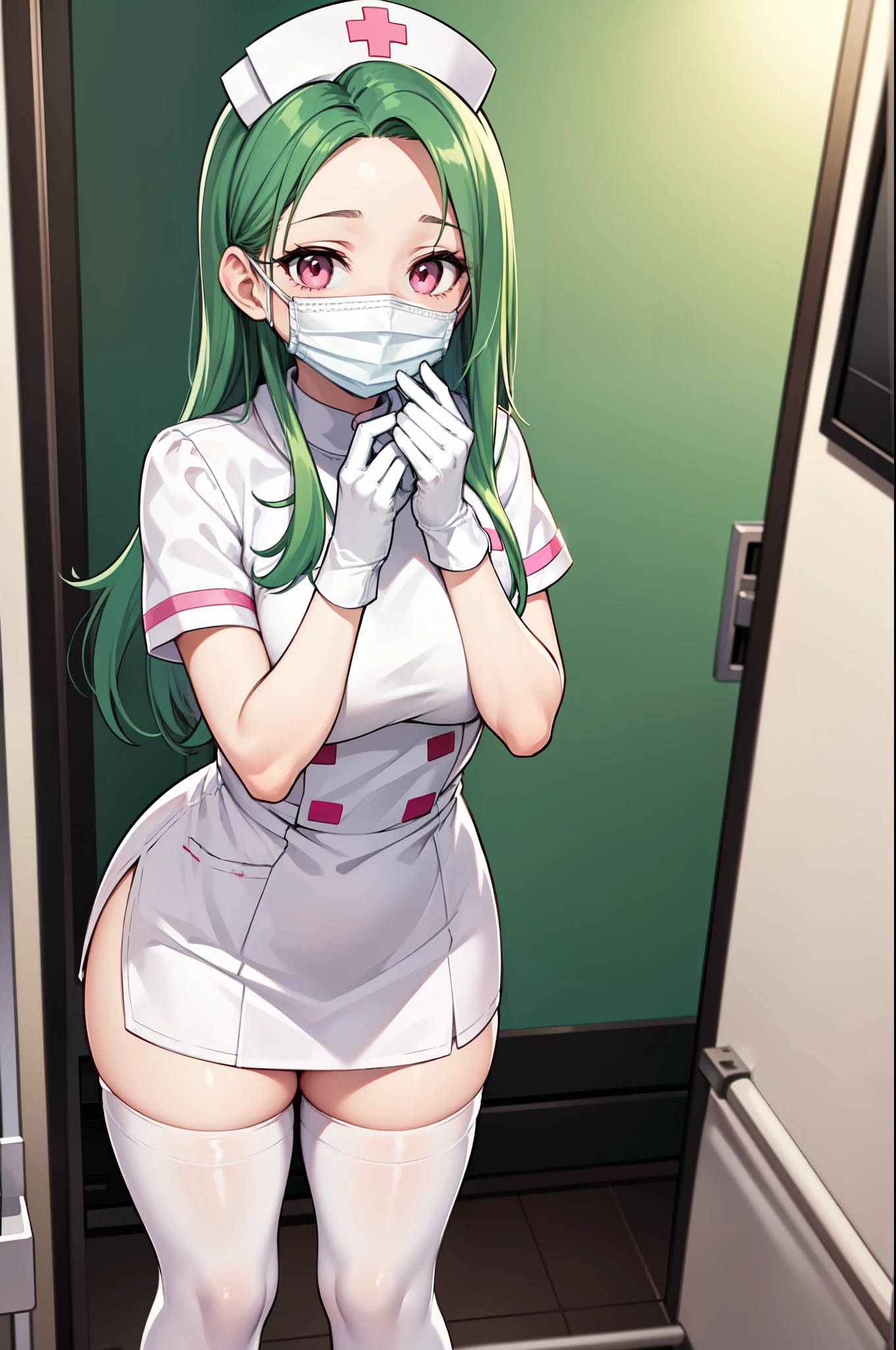 1woman, solo, nurse, white nurse cap, white nurse uniform, ((white legwear, zettai ryouiki)), white gloves, forehead, long hair, green hair, pink eyes, ((white surgical mask, covered nose)), standing, ((hospital room)), sharp outline, short sleeves, mature female, 35 years old, best quality, masterpiece