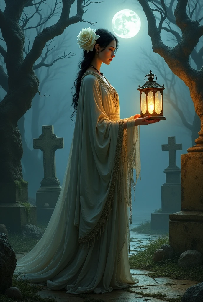 ghost on top a candlelit grave at midnight cemetery, art by Boris Vallejo and Luis Royo, a whimsical mystical world, intricate details, masterpiece, very artistic, perfect composition, impressionist very bold brushstrokes