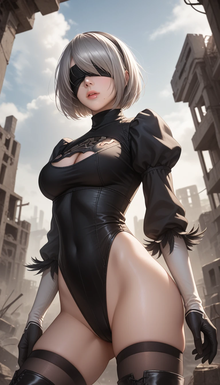 score_9, score_8_up, score_7_up, 32k,masterpiece, highest quality, 
photo realistic, super detail, vibrant colors, chiaroscuro lighting, cinematic lighting,
1 woman, inspired nier automata 2B,
bob cut, gray hair, bangs, mole under mouth, blindfold,
2B leotard, cleavage cutout, skirt, thighhighs under boots,
ruins, a ruined world, devastated cities, dark cloudy sky,
seductive pose, dramatic angle,