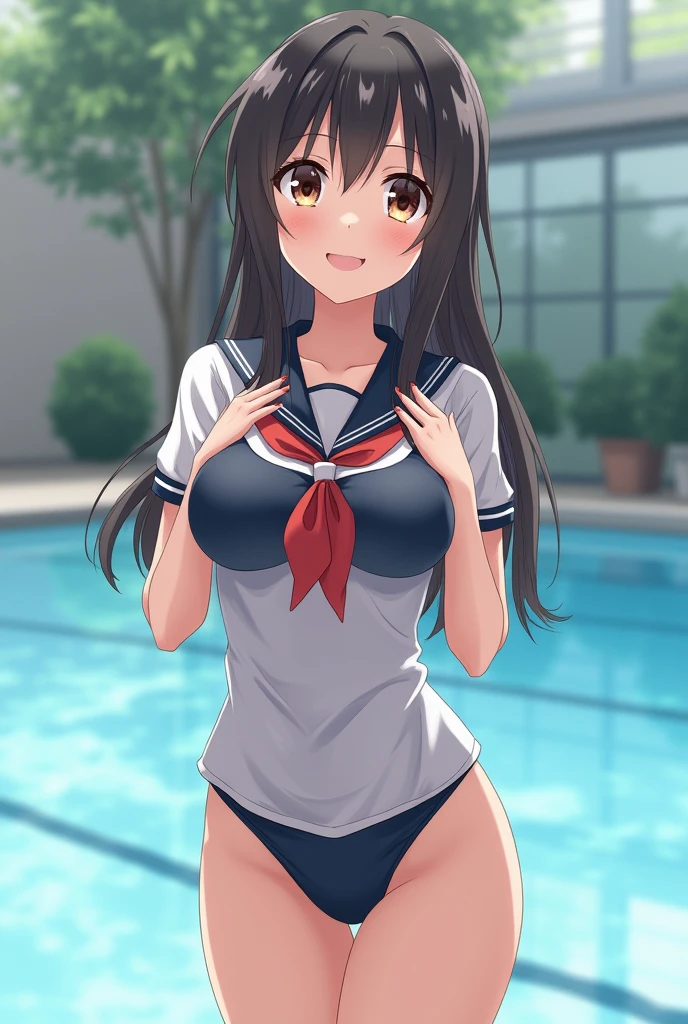 best quality, very aesthetic, Super detailed, best illustration, nsfｗ, pussy focus, 1girl, おっぱい, aroused, black_hair, school swim suit